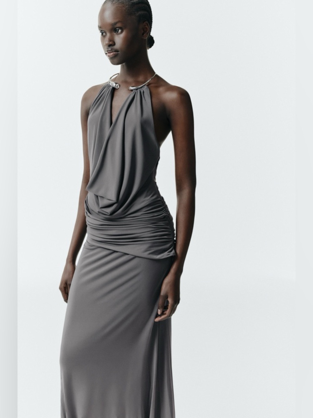Zara Charcoal Grey Draped Halter Maxi Dress